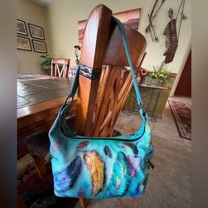 Anuschka Feathers Leather Purse Bag Turquoise Native Boho Southwestern Look